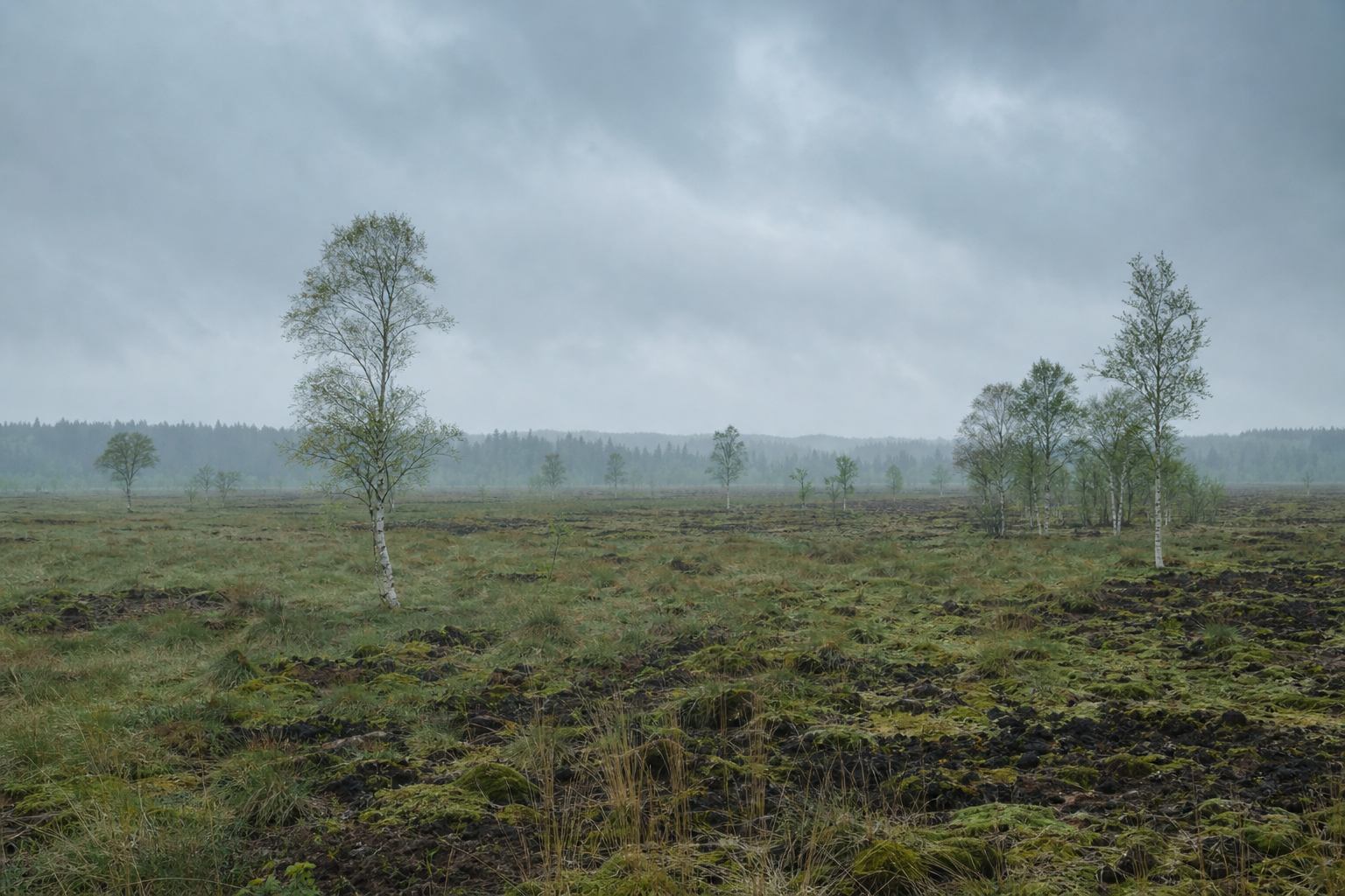 Nebeliges Torfmoor mit Schilf und flachem Horizont