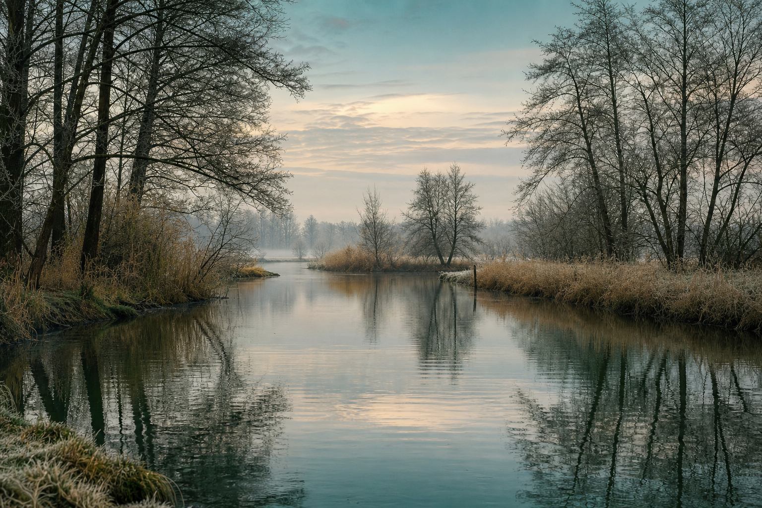 Verzweigte Wasserwege mit Schilf und ruhigem Himmel